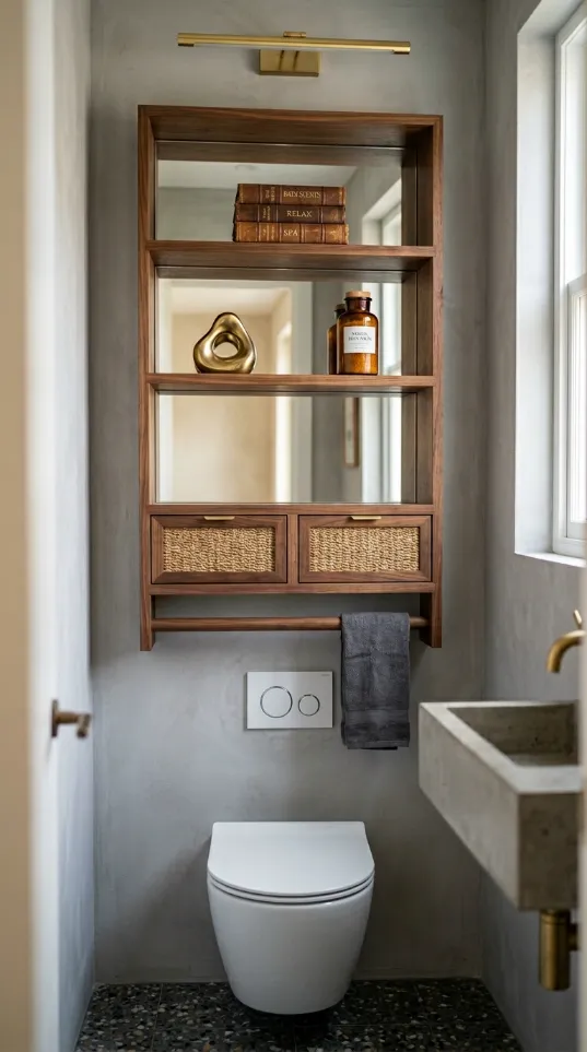 Wooden over-toilet shelf unit with wicker baskets, books, and a towel bar against a gray wall.