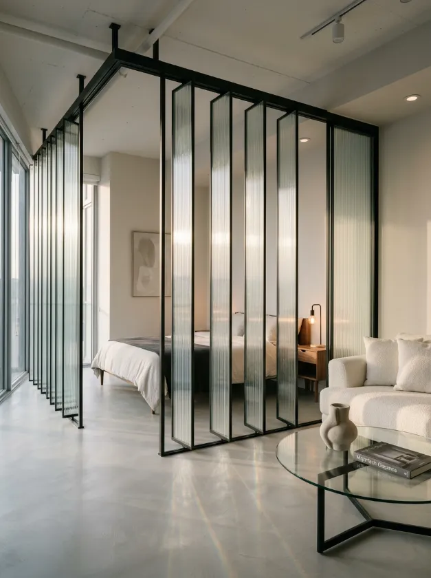 Rotating Glass Privacy Panels Rotatable fluted glass room dividers in a bright modern studio apartment.