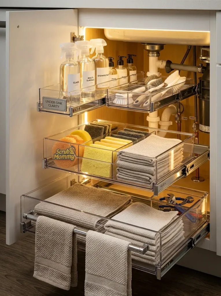 Clear Under Sink Organizer Drawers Clear acrylic sliding drawers holding cleaning supplies around plumbing under a sink.