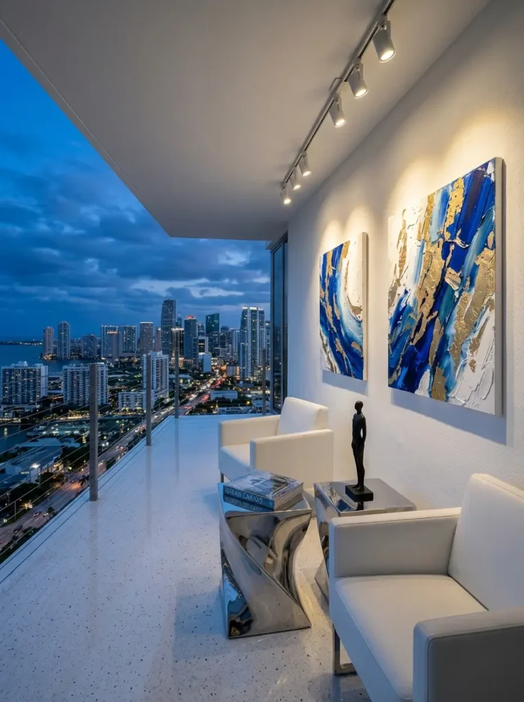 A sleek modern balcony displaying two large abstract blue and gold paintings on a white wall white leather armchairs track lighting and a silver sculptural table.