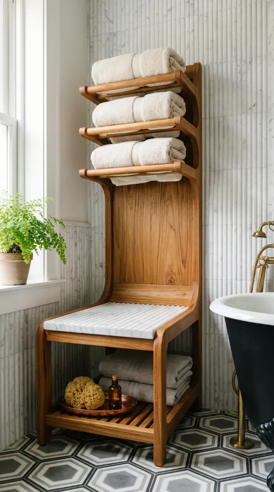 Standing wooden towel rack with three curved tiers for towels and a marble bench seat.