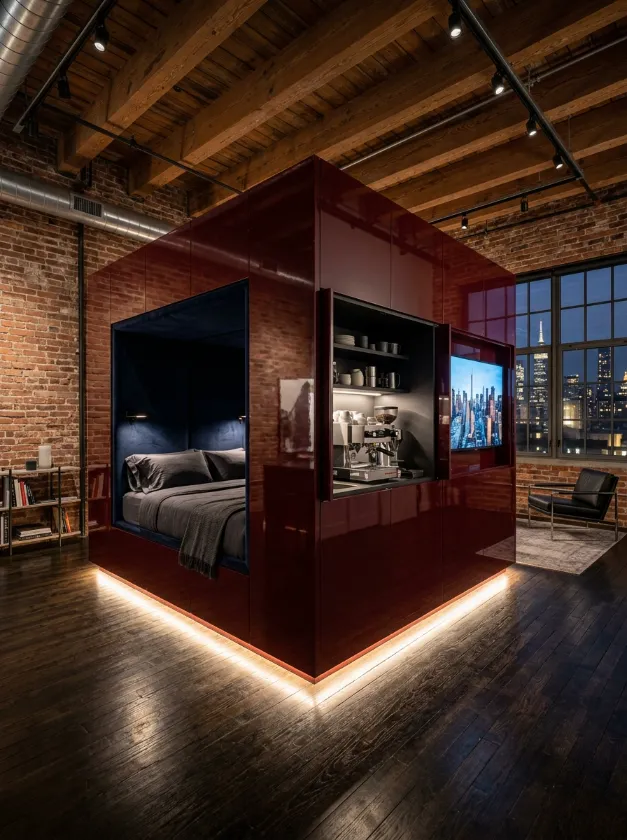 Bold Crimson Utility Cube Large red lacquered cube housing a bed and coffee bar in a loft.