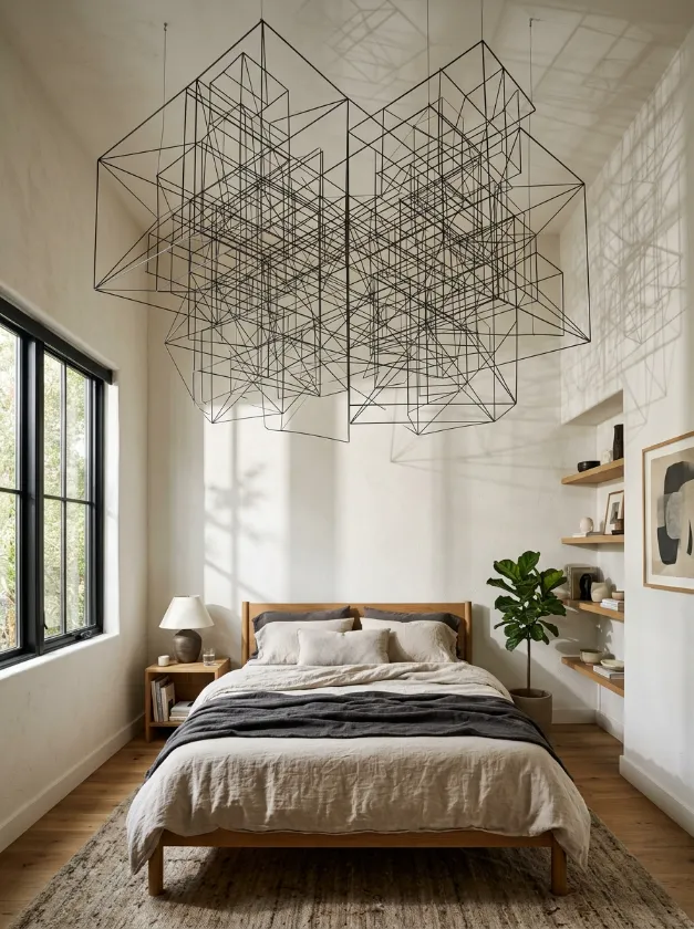 Geometric wire sculpture light fixture hanging over a bed