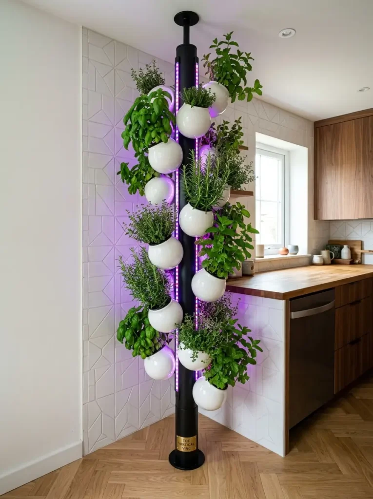 Illuminated Vertical Corner Planter Tower Tall black column with glowing purple lights holding white herb pots in a kitchen corner.