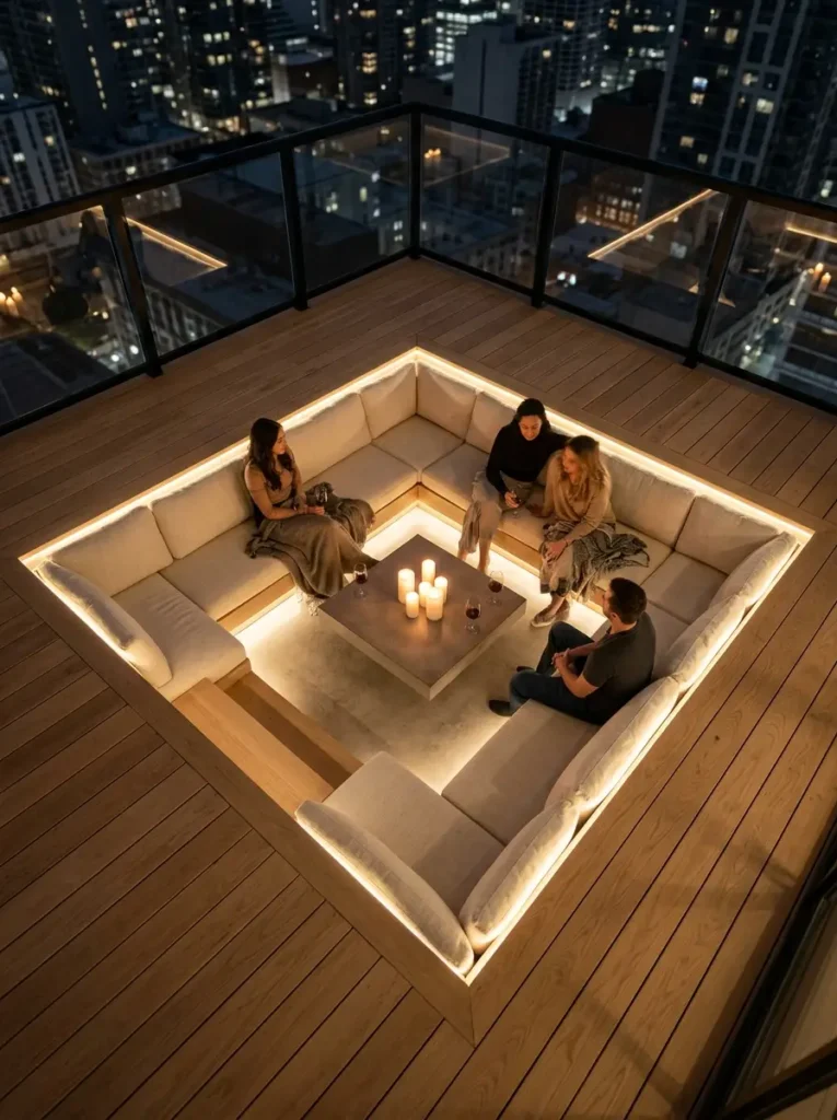 A wooden balcony deck featuring a sunken square conversation pit with beige cushions a central concrete table holding candles and warm under seat lighting at night.