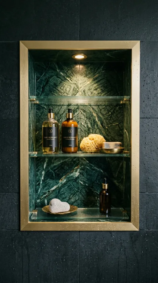 Recessed bathroom wall shelf with green marble backing, glass tiers, and a gold metal frame holding skincare products.