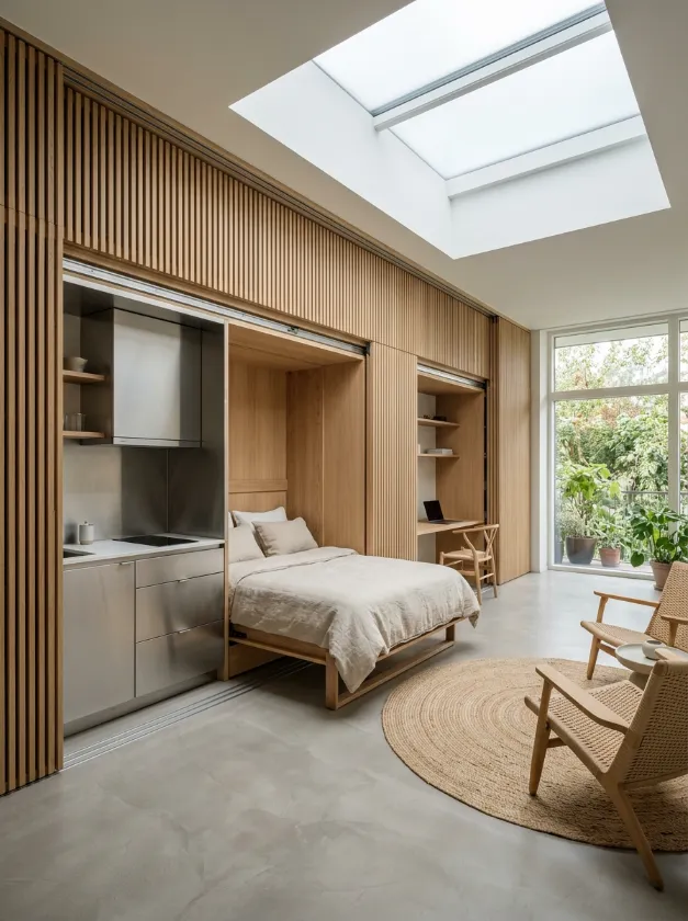 Discrete Furniture Storage Wall Vertical wooden slats concealing a Murphy bed and workstation in a minimalist apartment.