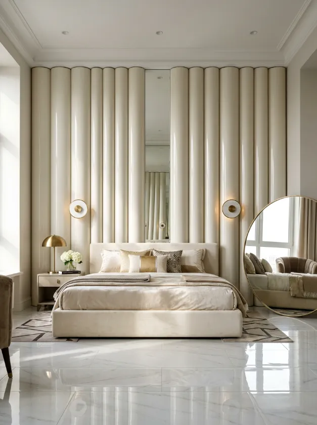 Modern bedroom featuring round mirrors and fluted wall panels.