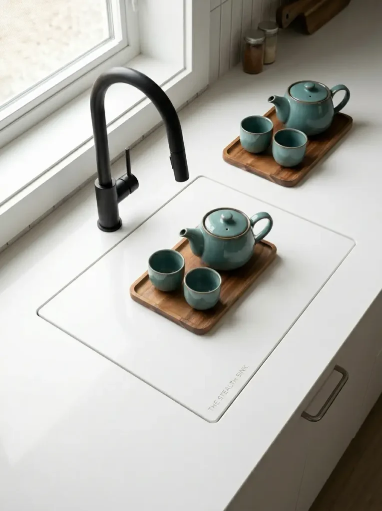 Flush White Sink Cover White sink cover matching the countertop with a black faucet nearby.