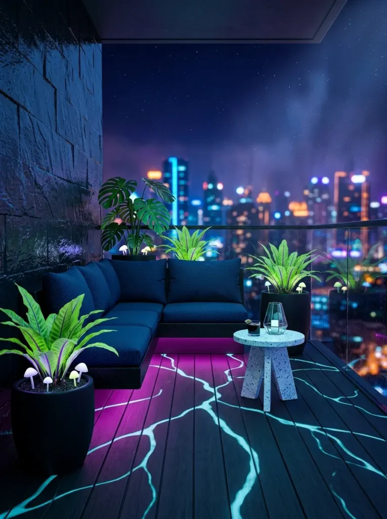 A futuristic cyberpunk balcony with purple and blue neon floor lights a black sectional sofa and illuminated mushroom plants overlooking a city skyline.