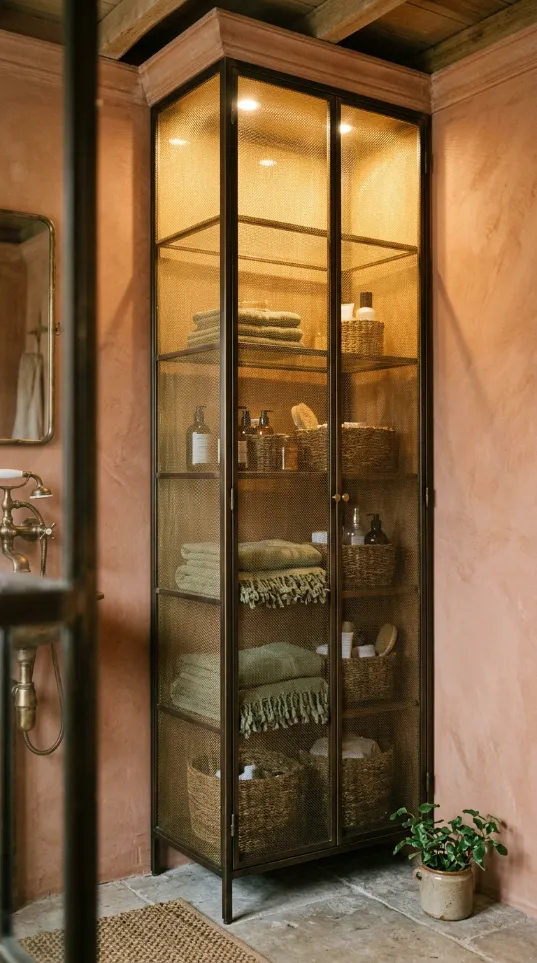 Tall metal cabinet with textured glass doors and glowing interior shelves holding baskets and towels.