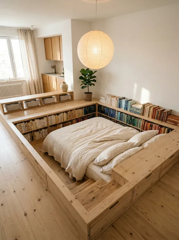Bibliophile Bed Platform Design Sunken bed area surrounded by low wooden bookshelves and white bedding.