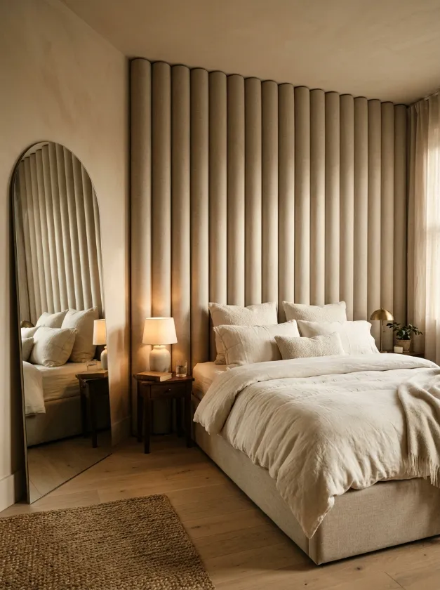 Wall behind a bed covered in beige vertical ribbed upholstery.