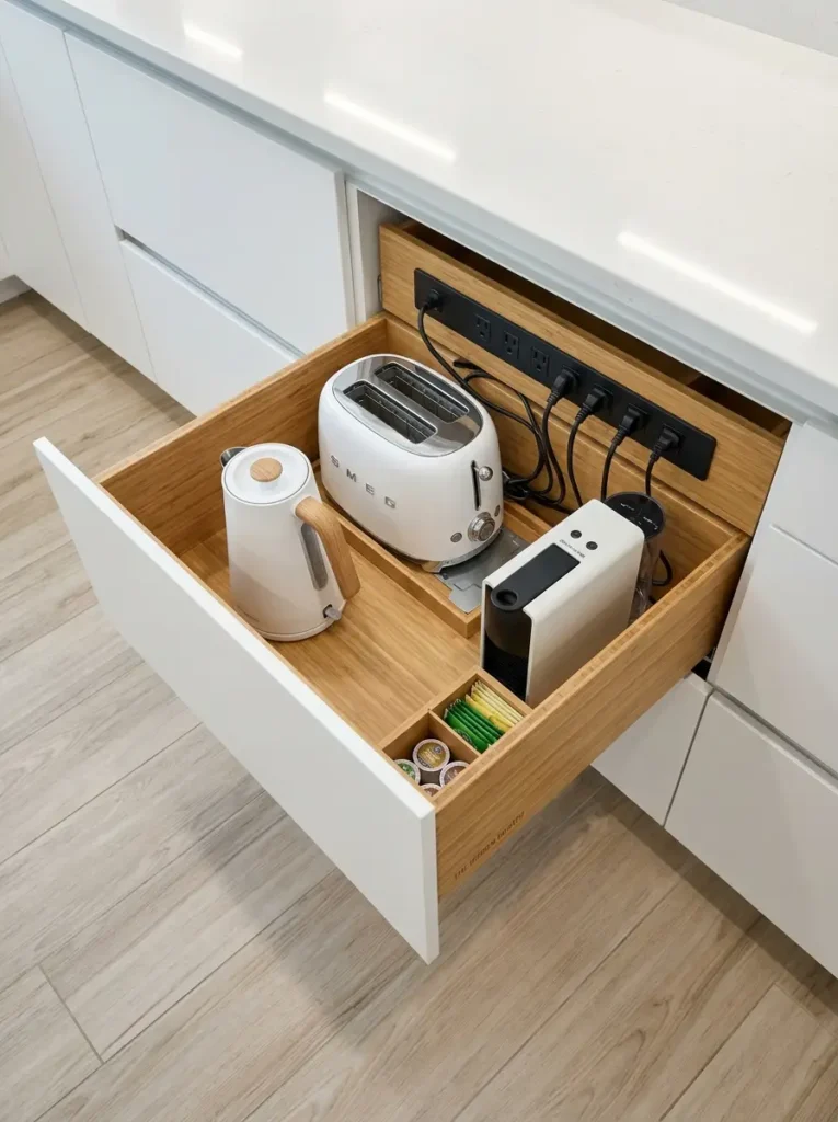 Hidden Appliance Garage Drawer Deep wooden drawer containing a white toaster and kettle plugged into a power strip.