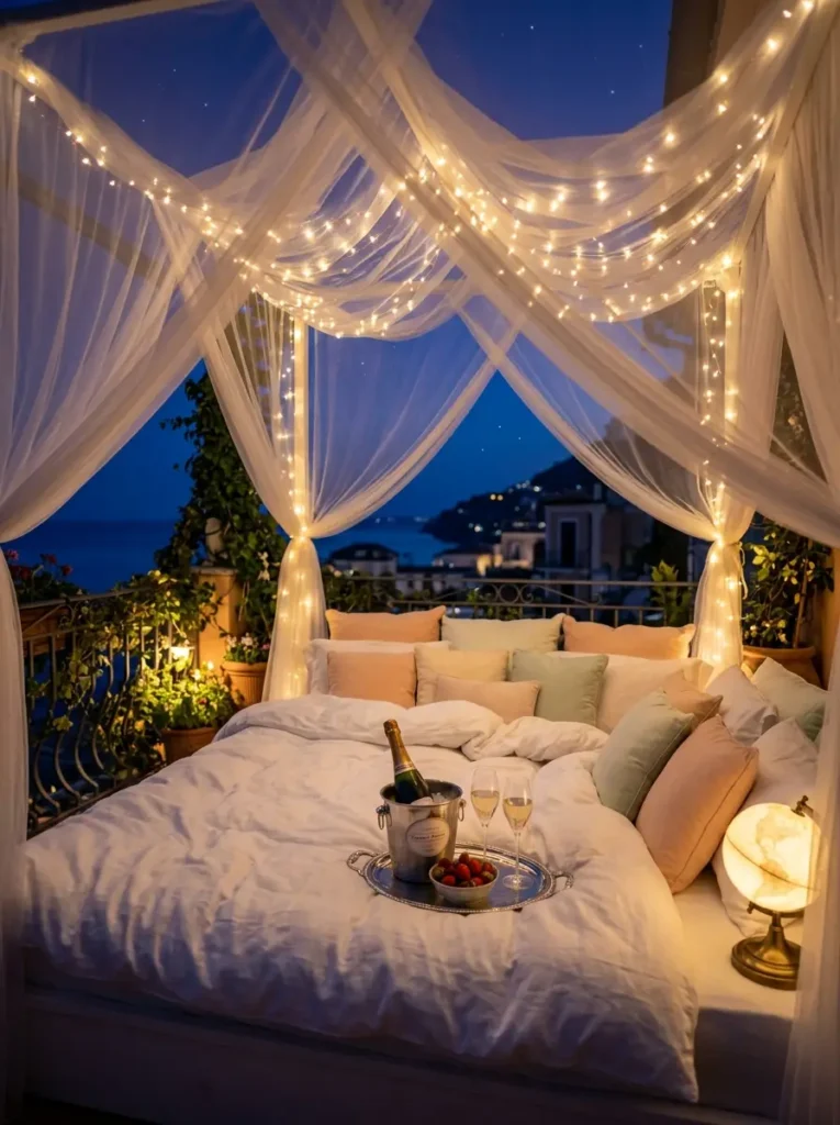 A romantic outdoor four poster bed on a balcony draped in sheer white fabric woven with string lights topped with a plush duvet and champagne on a tray.