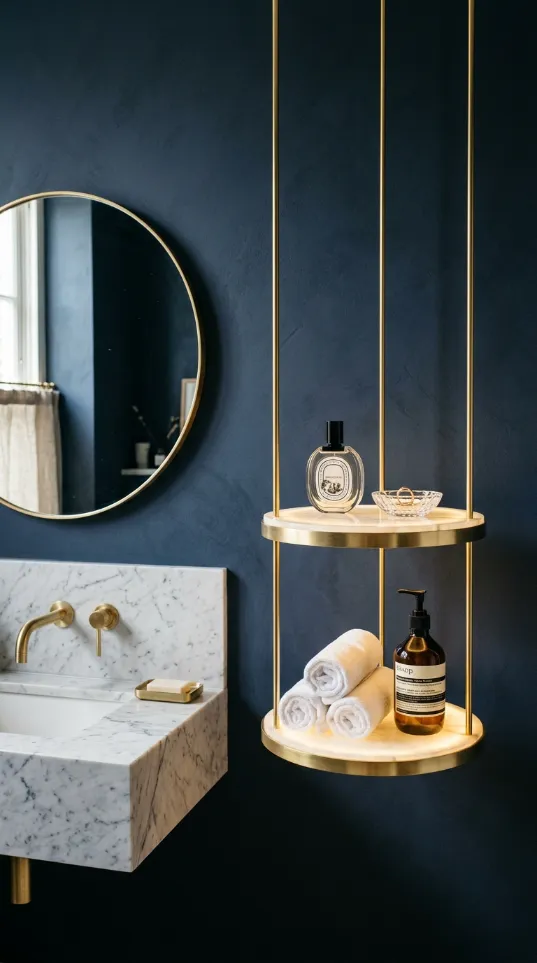 Two circular marble shelves hanging from gold rods against a navy blue wall holding perfumes and towels.