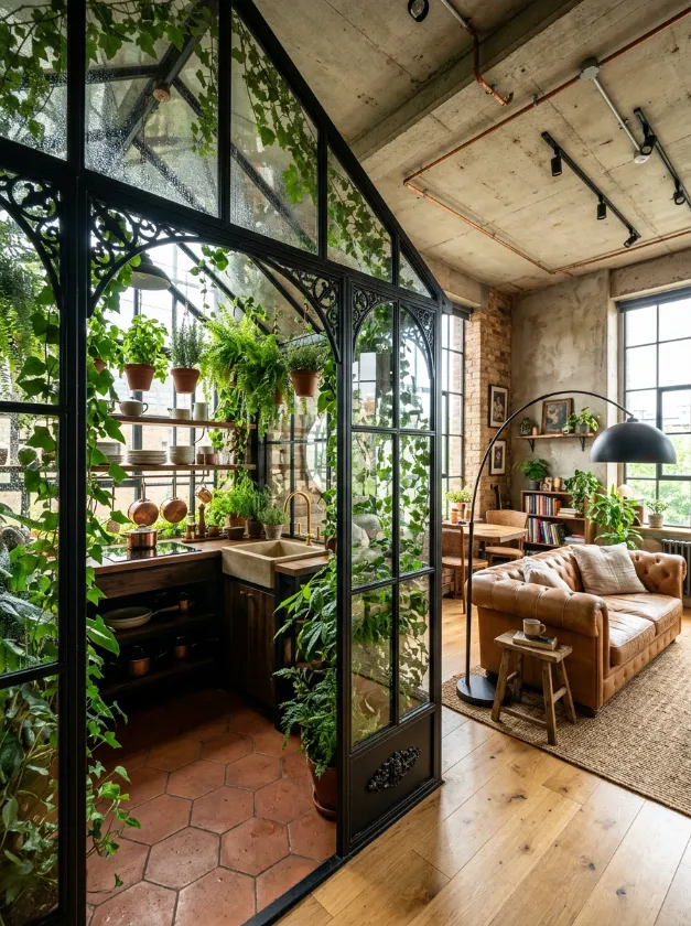 Indoor Garden Kitchen Enclosure Glass enclosed kitchen with many green plants inside an industrial loft.