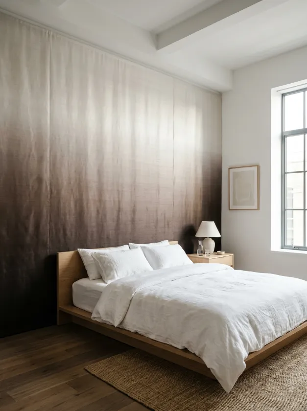 Bedroom wall with ombre fabric panels fading from dark to light.

