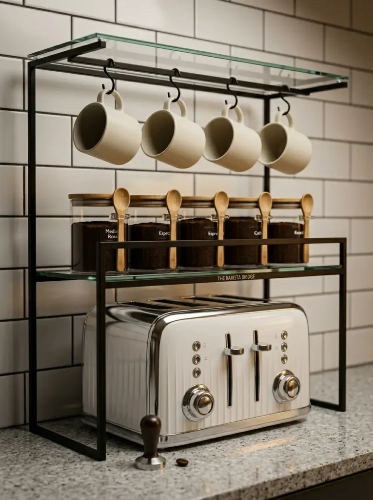 Tiered Countertop Beverage Station Two tier black glass shelf holding white mugs and coffee jars above a toaster.