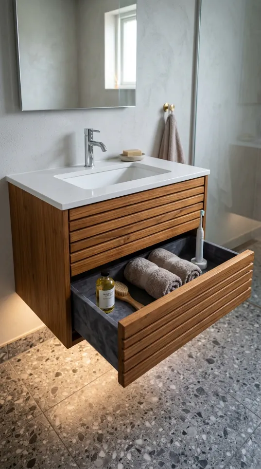 Wall-mounted wooden vanity with an open drawer showing towels and toiletries over a terrazzo floor.