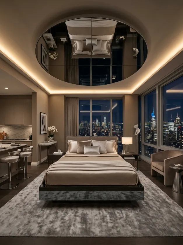 Reflective Ceiling Design Feature Bedroom with a large round mirror on the ceiling and skyline views.