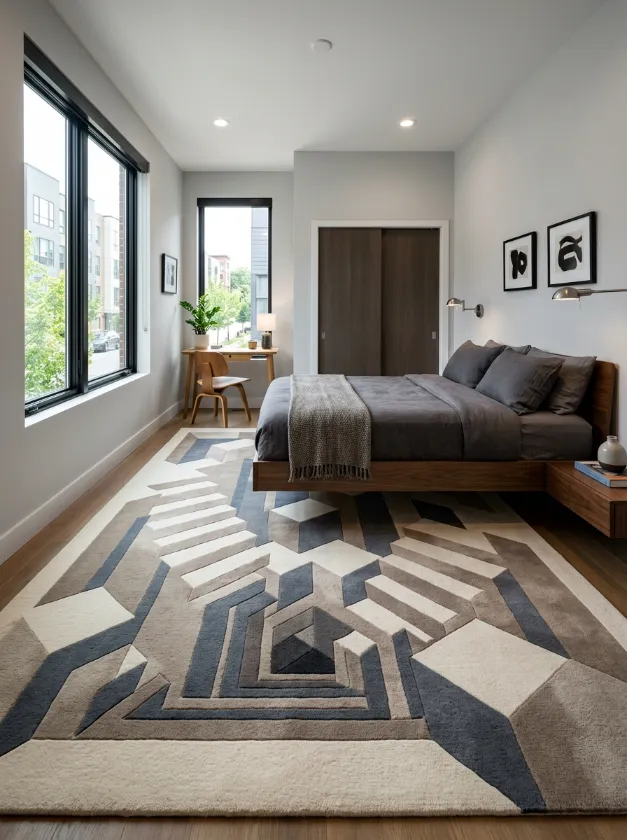  Large rug with a 3D geometric optical illusion pattern.