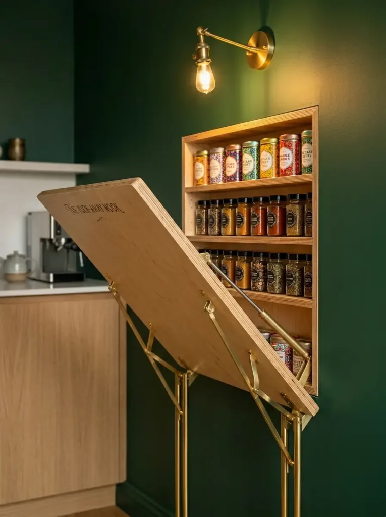 Fold Out Wall Pantry and Table Wooden wall panel folded down to become a table and reveal a hidden spice rack.