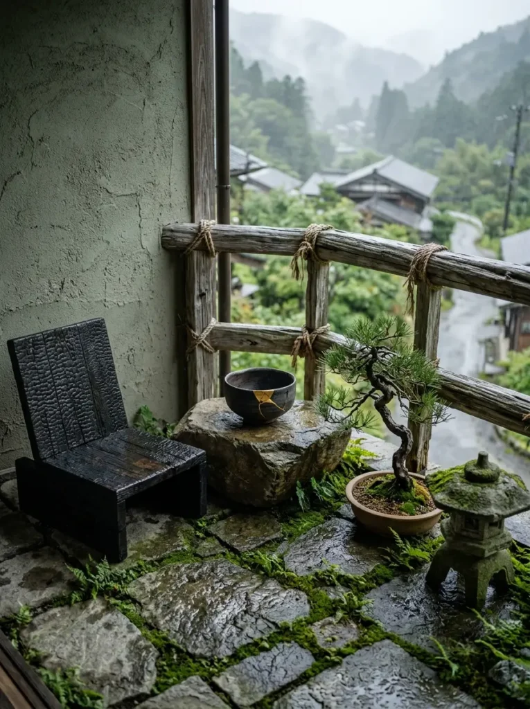 A peaceful Zen balcony on a rainy day with a charred black wooden chair wet stone floor moss a ceramic bowl repaired with gold and a small stone lantern.