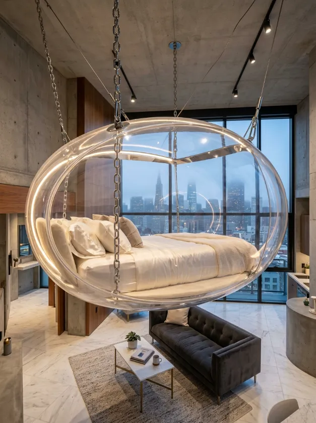 Futurist Hanging Bed Capsule Transparent oval bed pod hanging from the ceiling in a marble studio.