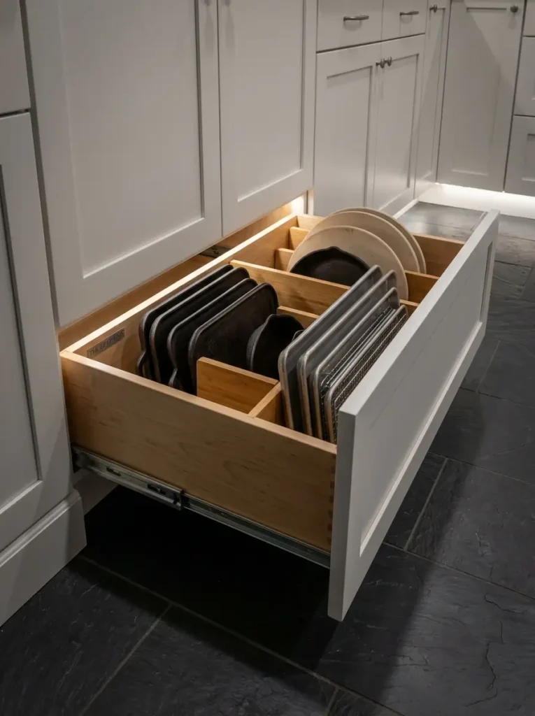Partitioned Baking Sheet Drawer Wooden drawer pulled out to show baking sheets organized vertically by wooden dividers.