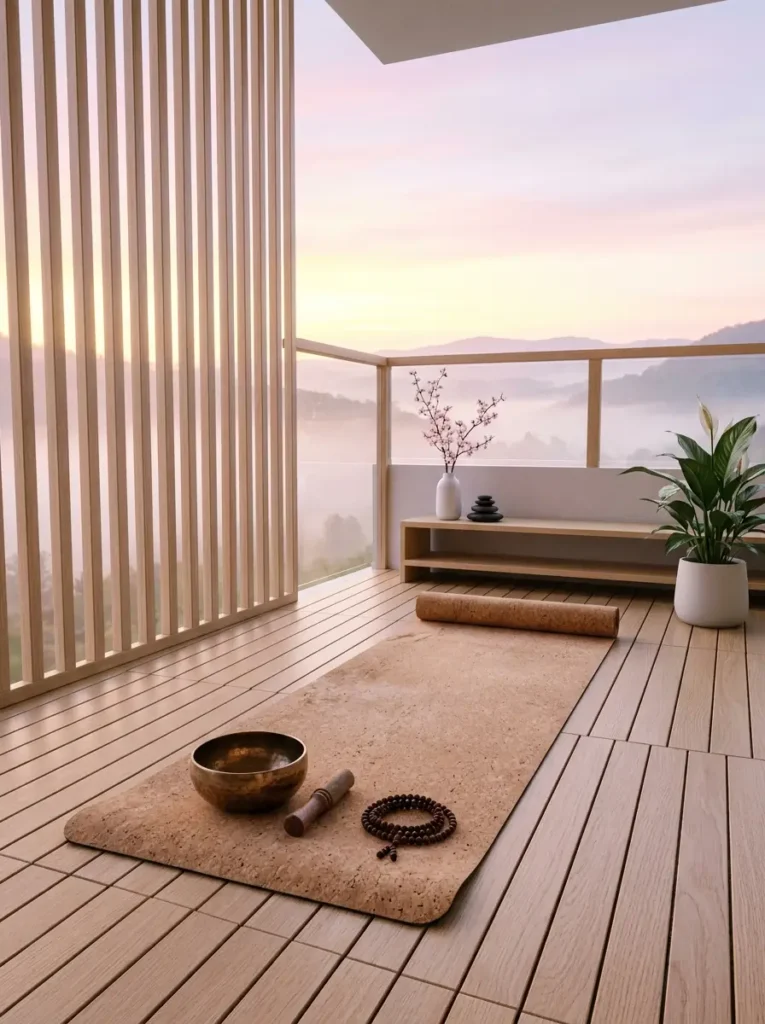 A serene balcony for meditation with an unrolled cork yoga mat dark wooden prayer beads a brass singing bowl slatted wooden floors and privacy screens at sunrise.