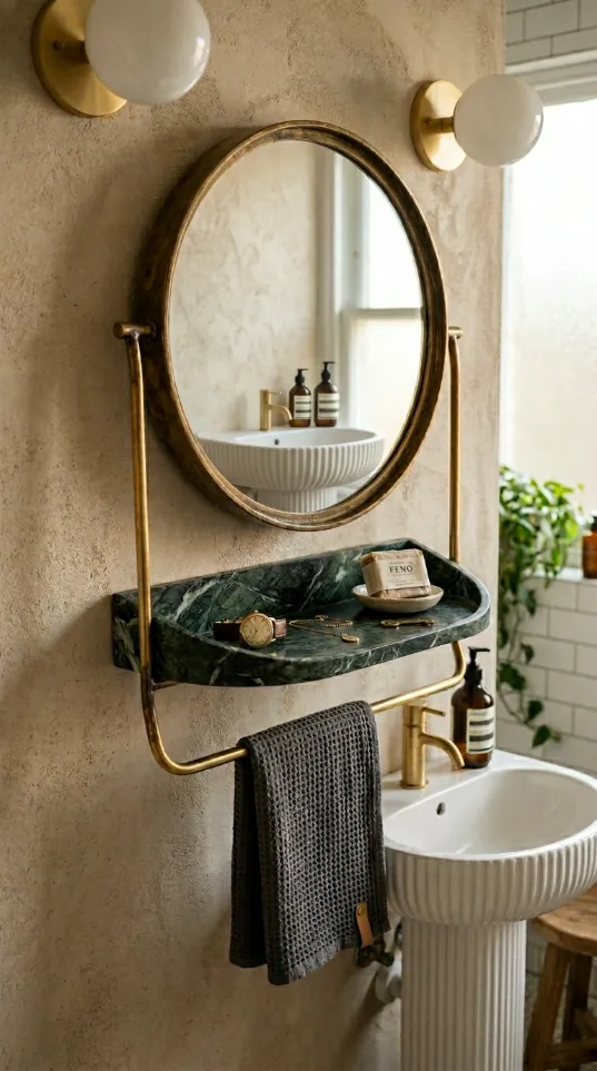 Round mirror on a gold frame with a built-in green marble shelf and towel bar below it.