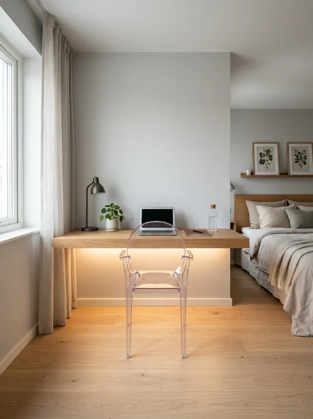 Minimalist wood desk mounted to the wall with under lighting.