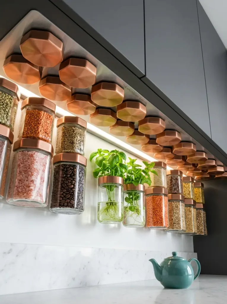 Magnetic Under Cabinet Storage Jars Glass jars with copper octagonal lids attached magnetically under dark grey upper cabinets.