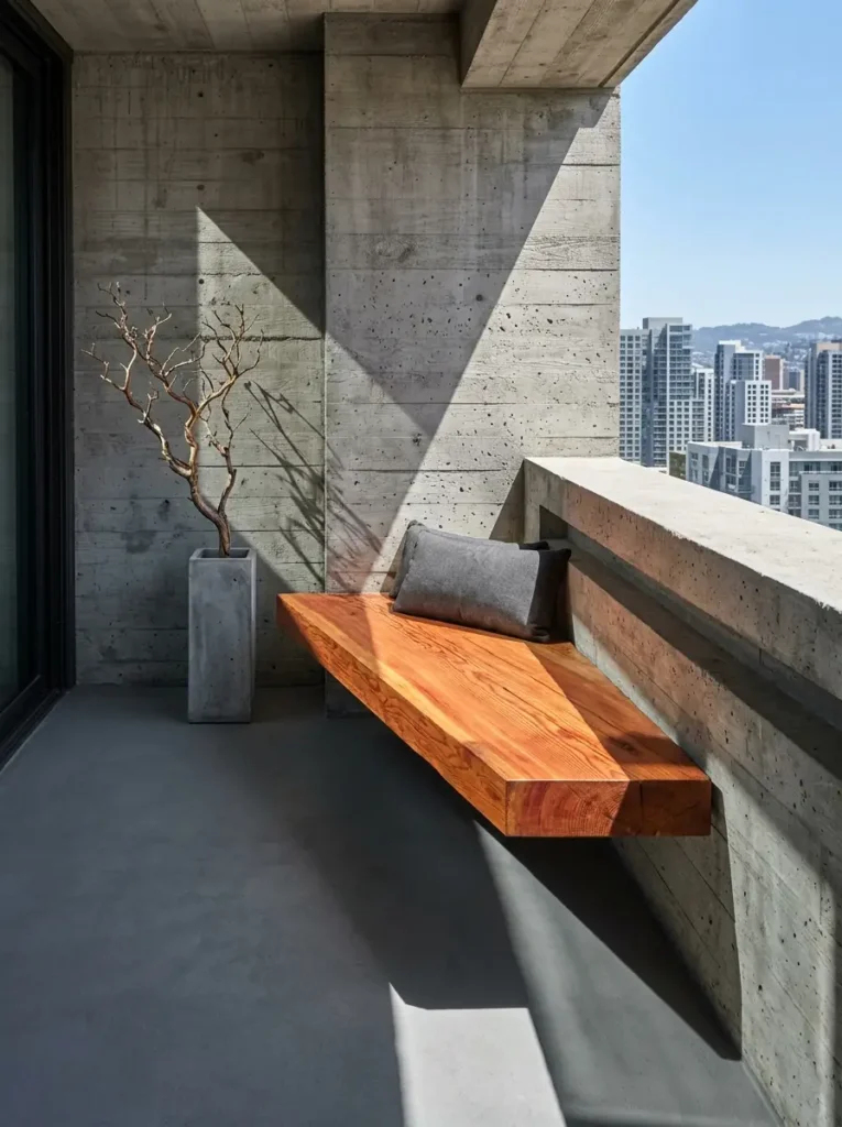 A brutalist style balcony with rough concrete walls a thick floating wooden bench seat attached to the wall gray cushions and a tall concrete planter with bare branches.