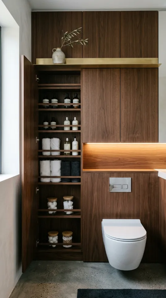 Large walnut wood storage wall with open doors showing neatly organized shelves over a toilet.