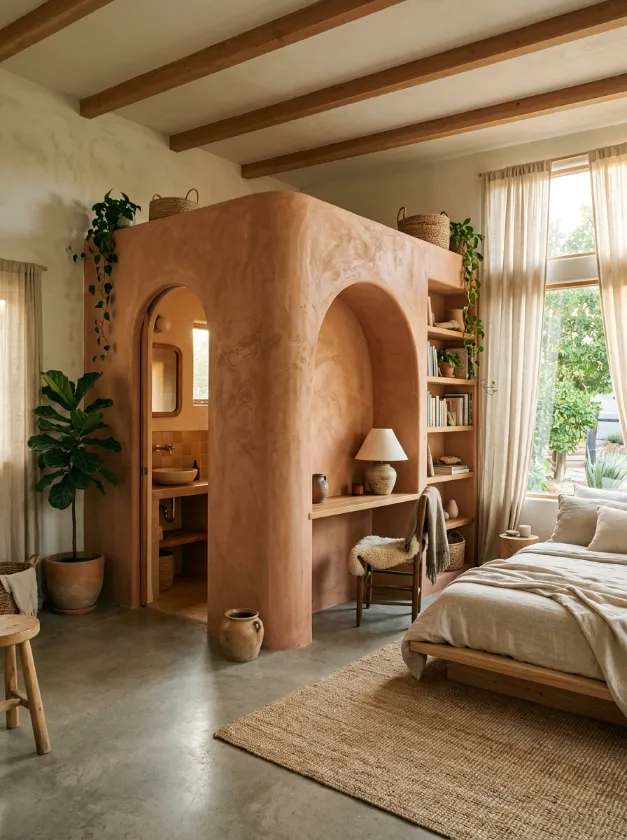 Earthy Architectural Service Pod Terracotta plaster unit with built in desk and arched doorway to a bathroom.