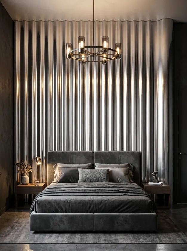 Bedroom wall featuring silver corrugated metal panels.
