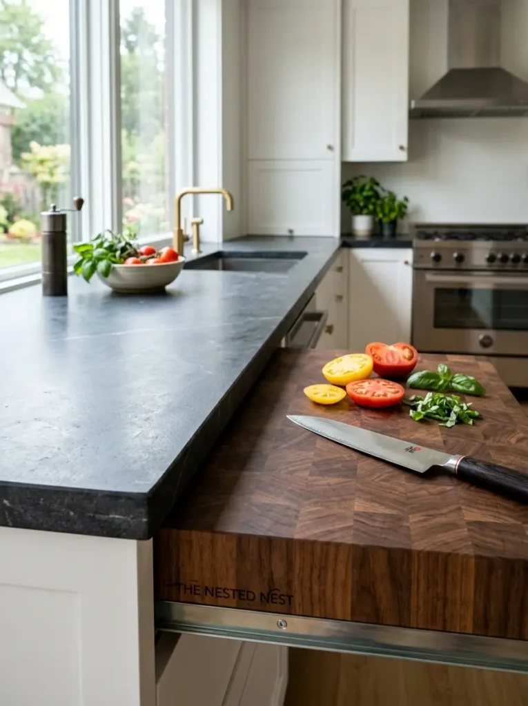Concealed Pull Out Butcher Block Dark walnut butcher block sliding out from under a dark soapstone kitchen counter.