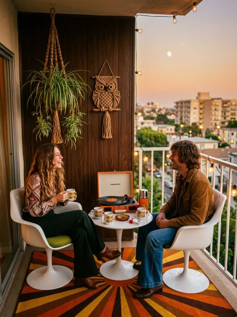 A vintage 1970s style balcony with an orange and yellow sunburst rug two white tulip chairs a vintage orange record player on a table and dark wood paneling.