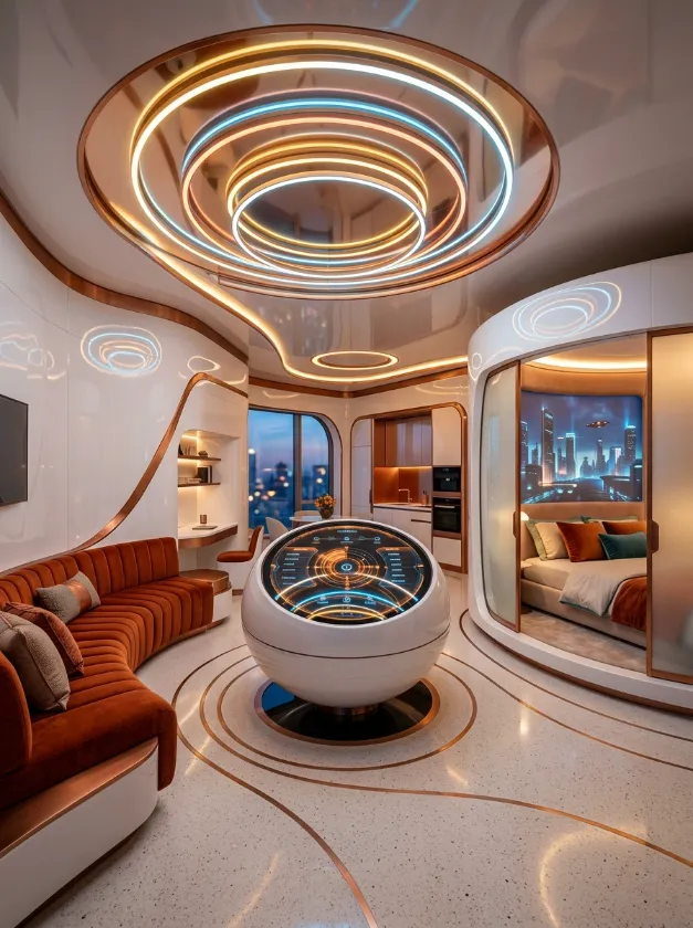 Sci Fi Interior Layout Futuristic studio apartment with circular lights and a round central desk.