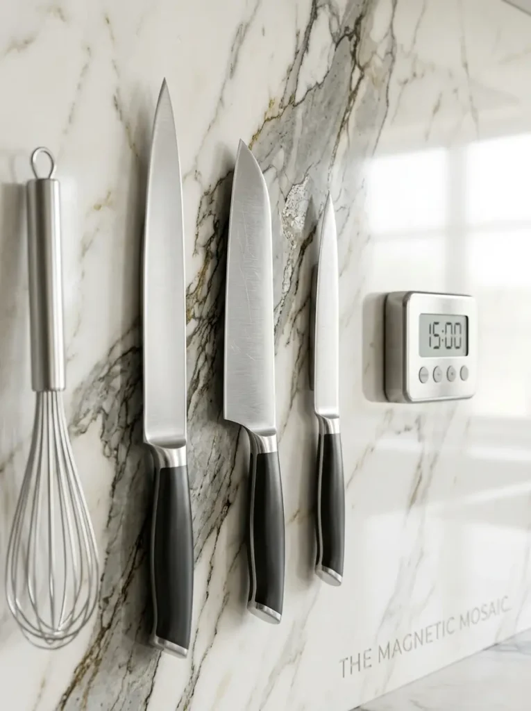 Magnetic Marble Backsplash Storage Kitchen knives and a timer clinging to a white marble backsplash using hidden magnets.