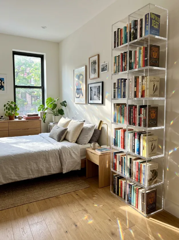 Tall bookshelf unit made from clear acrylic material.