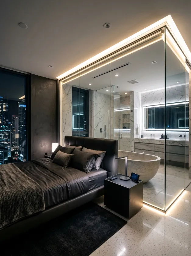 Open concept bedroom with glass walls separating the bathroom.