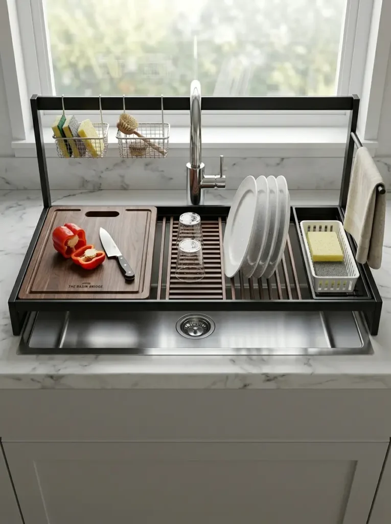 Over Sink Drying Rack Frame Black metal frame over a sink holding a cutting board and drying plates.