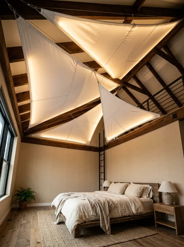 Bedroom ceiling with backlit triangular white sail cloths.