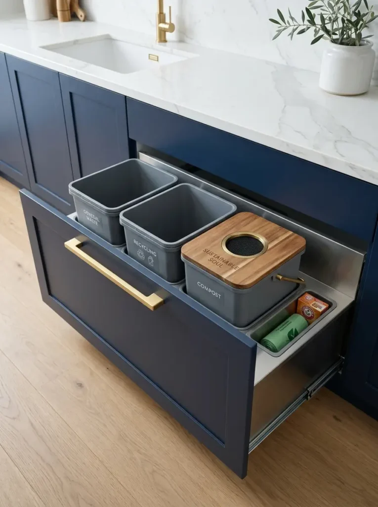 Hidden Kitchen Waste Sorting Bins Dark blue drawer pulled open to show three grey bins for sorting waste and compost.