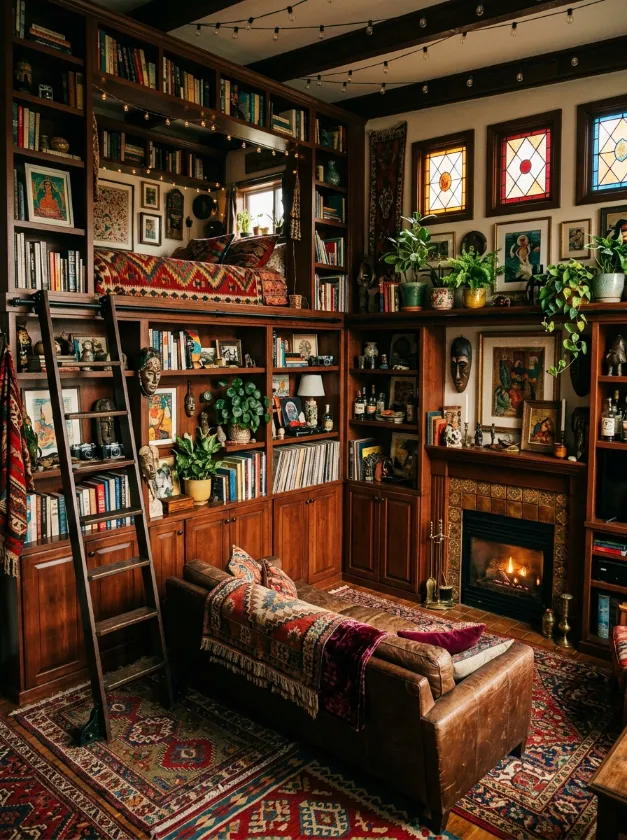 Bookshelf Centric Bedroom Layout Dark wood library walls surrounding a lofted bed with decorative rugs and stained glass.