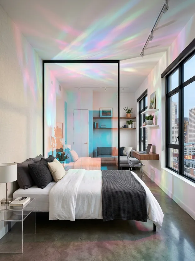 Sleeping area separated by an iridescent glass partition.