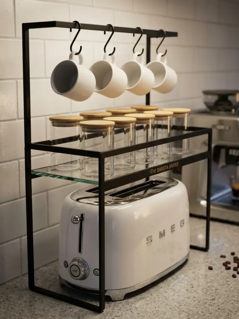 Countertop Appliance Storage Bridge Black metal shelving unit standing over a white retro toaster holding mugs and jars.